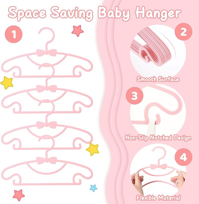 50 Pack Pink Baby Hangers Plastic Baby Nursery Closet Hangers Non-Slip Ultra-Thin Child Infant Coat Hanger for Newborn Toddler Clothes
