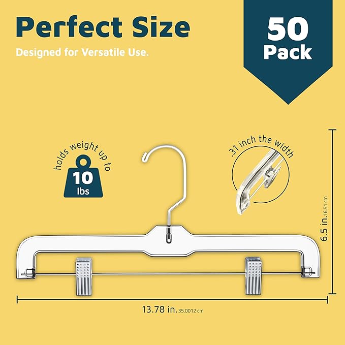 Lifemaster Clear Plastic Hangers - 50 Pieces 14 Inches Anti-Slip Space-Saving, Closet Organization Solution - Pants, Trousers, Skirts, Jeans Hangers with 360° Swivel Hook and Adjustable Clips - Clear