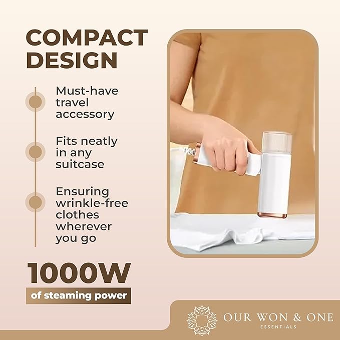 Travel Essentials : Steamer for Clothes - Home or Travel Steamer & Iron, White with Rose Gold Accents, 1000W Steam, Fast Heat Up, Removes Wrinkles in Seconds, a must-add to Travel Accessories