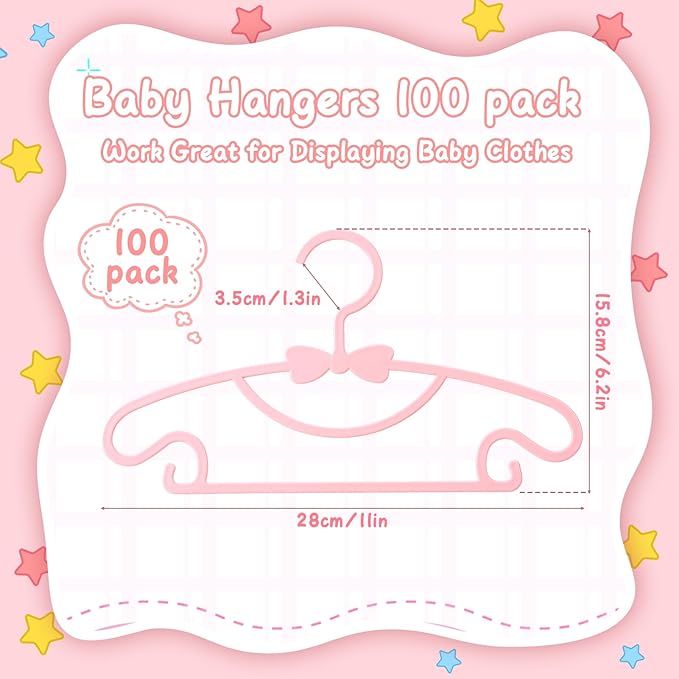 100 Pack Pink Baby Hangers Plastic Baby Nursery Closet Hangers Non-Slip Laundry Infant Hanger for Newborn Toddler Clothes,Ultra-Thin