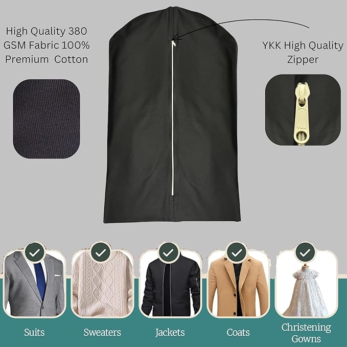 Premium 100% Cotton Garment Bags – 60" Black Canvas Suit Cover with YKK Zipper – Breathable, Dust-Proof Storage for Suits, Coats, Dresses, Jackets & Travel/Closet Use