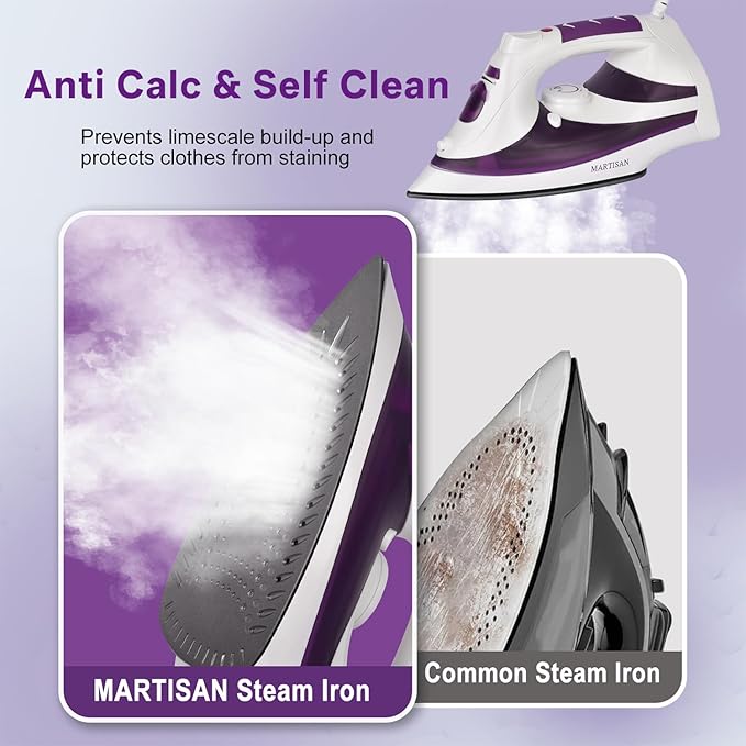 MARTISAN Steam Iron, New Version, Mini Steamer, Powerful Steam, Anti-Calc, Anti-drip, Self-Cleaning, Smooth Non-stick Soleplate, Variable Temperature, Steam Burst, Purple