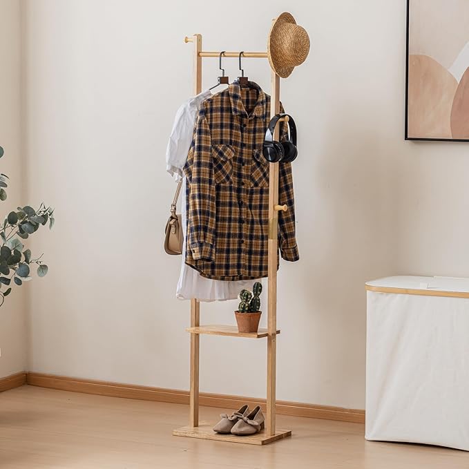 Clothes Rack Solid Wood Coat Rack with Shelves and Hooks – Garment Clothing Rack Coat Rack with Storage for Hallway, Bedroom, Living Room, 15.75 inch, Nature