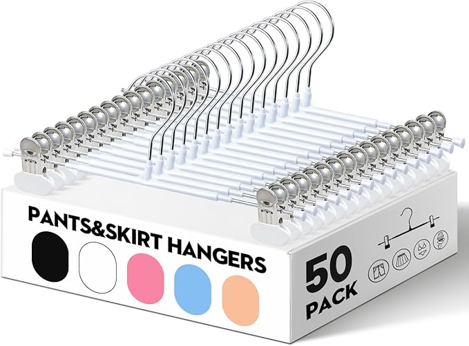 HUADYMEET 50 Pack 14Inch Pants Hangers with Wide Clips,Metal Trouser Hanger for Jeans.Space Saving Skirt Hangers Heavy Duty Non-Slip Adjustable Clothes Shorts Hanger for Women,Men,White