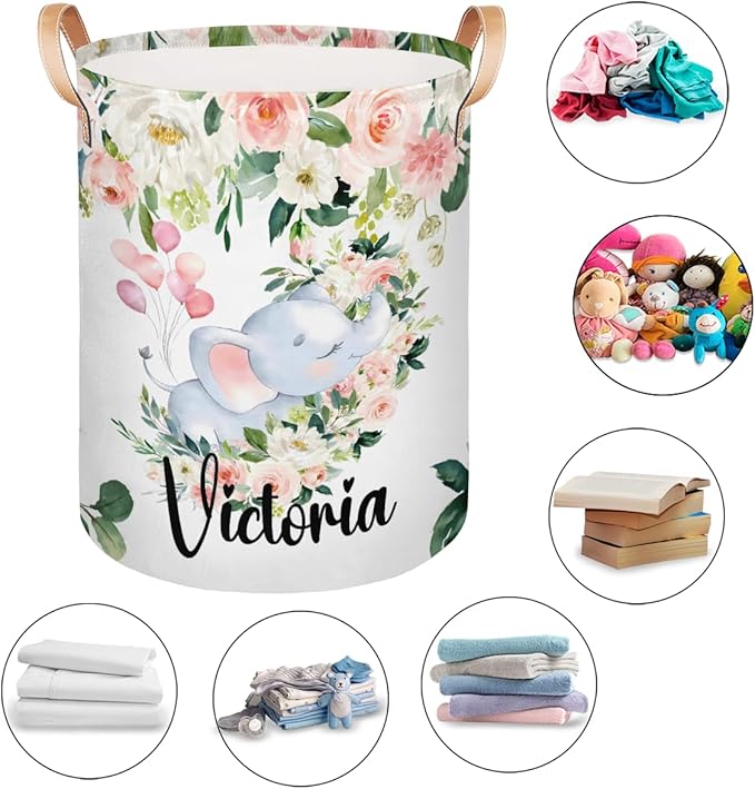 Personalized Laundry Basket, Custom Gift Laundry Hamper, Collapsible Nursery Waterproof Laundry Baskets, Dirty Clothes Toy Hamper with Handles Pink Floral Elephant Sleep