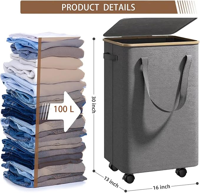 Large Laundry Basket with Wheels - 100L Rolling Laundry Hamper with Lid and Removable Bag - Portable Clothes Hamper for Bedroom Aesthetic - Great for Bathroom, Dorm & Laundry Room (Gray)