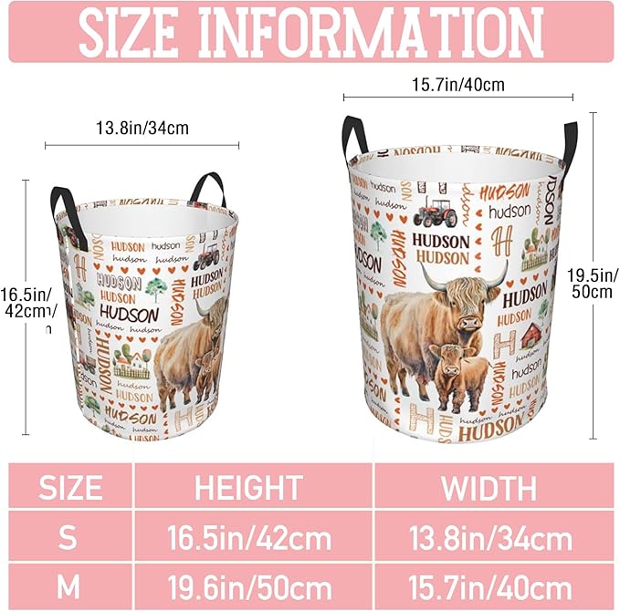 Highland Cow Laundry Basket,Custom Laundry Hamper with Name,Personalized Highland Cow Gifts for Boys Girls,Customize Collapsible Laundry Basket for Bedroom Bathroom,M-19.5"X 15.7"