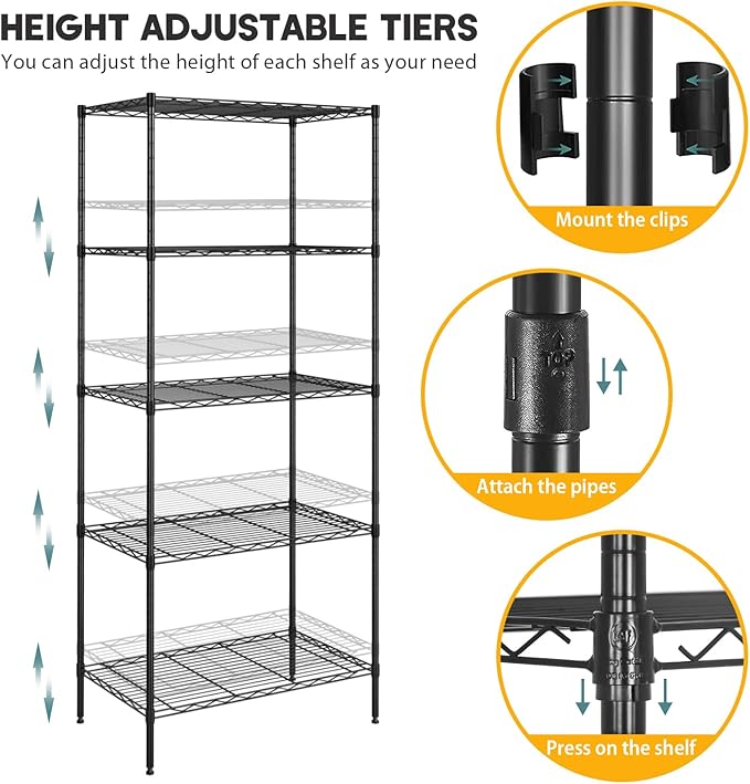 YRLLENSDAN 5 Tier Metal Shelving Unit, Heavy Duty Wire Shelves, Adjustable Storage Rack for Kitchen, Garage Shelving, Pantry Shelves, Storage Shelves Organizer, 24" W x 14" D x 61" H, Black