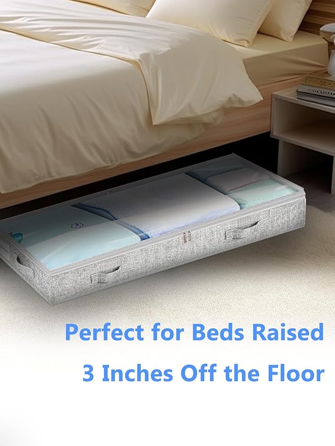 Low Profile Under Bed Storage, 3-Inch High Foldable Underbed Storage Bins with Lid & Zipper, No Structure, Super Slim Clothes Organizer for Crib Dorm Couch Low Bed, 4-Pack, Clear Top