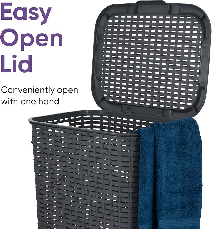 Plastic Laundry Hamper with Lid 3 Pack Laundry Hamper Basket, Grey Tall Cloths Hamper Organizer with Cut-out Handles. Space Saving for Laundry Room Bedroom Bathroom, Wicker Design 60 Liter