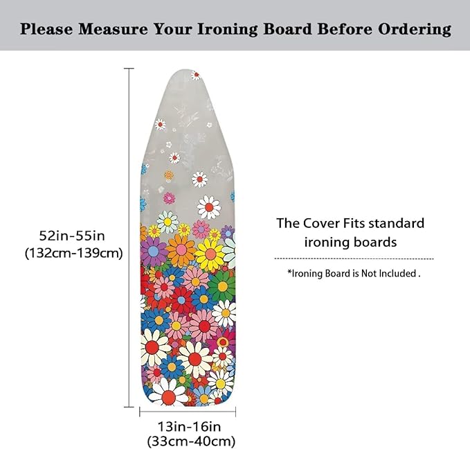 Hippie Flowers Print Marble Heat & Stain Resistant Ironing Board Cloth, Easy-Fit Iron Cover with Fasteners Elastic Edge Adjustable Fastener Straps for Ironing Board Decor