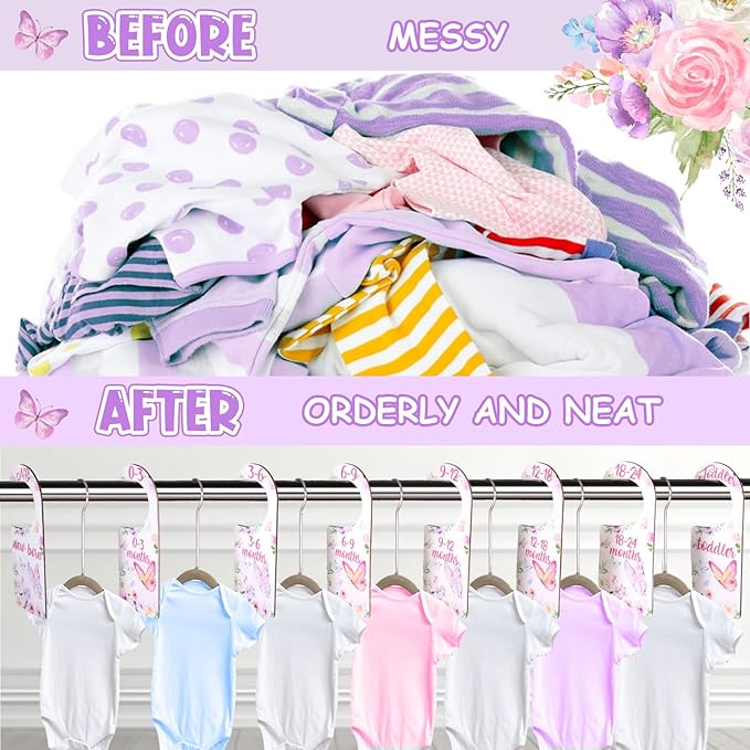Baby Closet Dividers 8PCS, Butterfly/Floral Theme Wooden Double-Sided Clothes Size Hanger Organizer from Newborn to Toddler for Nursery Decor Baby Shower Birthday Gift