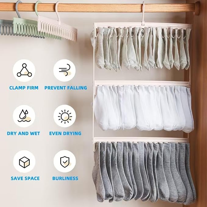 Socks Drying Racks Hanger Socks Organizer Hook Hanger with 54 Clips, Clothes Drying Racks Windproof for Drying Socks Bras Underwears Baby Clothes, Hats Scarfs Towels Pants and Gloves Diaper (Grey)