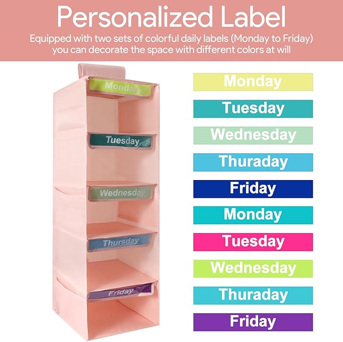 5-Shelf Weekly Clothes Organizer for Kids, Collapsible Hanging Closet Shelves, Baby Closet Organizers and Storage with 6 Side Pockets, Daily Clothing Divider for Boys and Girls (Pink)