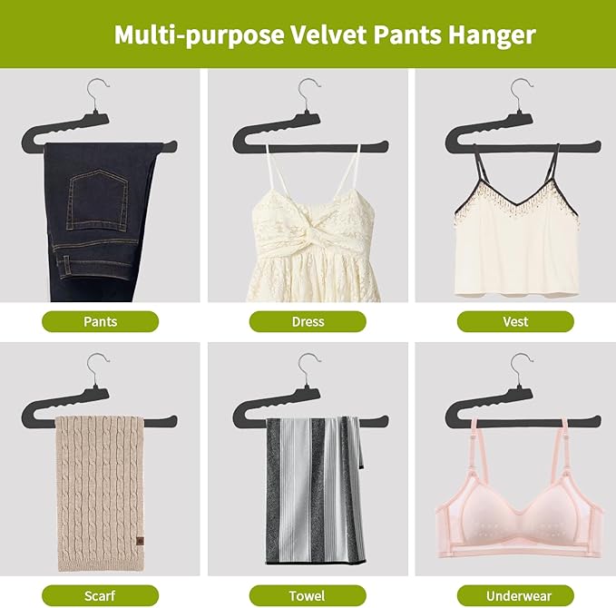 ManGotree Non Slip Velvet Pants Hangers, Open Ended Felt Jean Hangers for Closet Organizer, Heavy Duty Space Saving for Trousers, Slacks, Shorts, Dress, Scarf (10 Pack, Black)