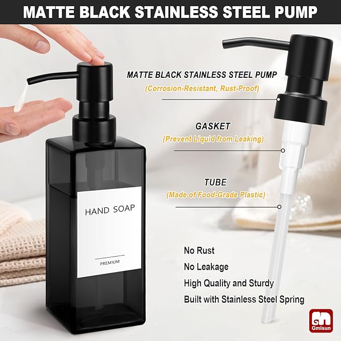 GMISUN Black Glass Soap Dispenser, Hand Soap Dispenser with Stainless Steel Pump for Bathroom, 12 fl oz/350ml Refillable Dish Dispensers for Kitchen, Modern Liquid Lotion Bottles for Countertop