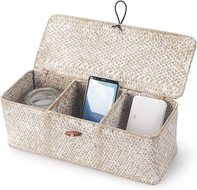 Seagrass Storage Basket with Lid Rectangular Small Woven Shelf Baskets with Sections for Organize Snack Toys Whitewash