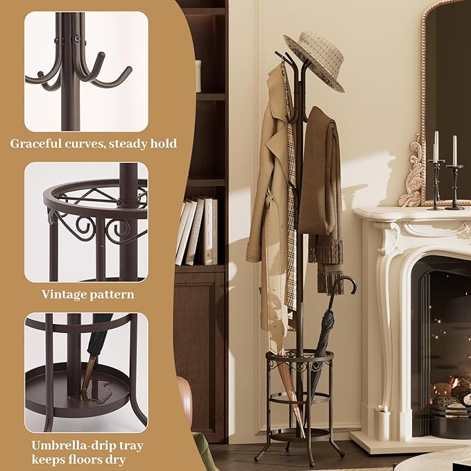 Coat Rack Freestanding With Umbrella Holder – Metal Hall Tree with 12 Hooks, Entryway Organizer for Hats, Bags, and Clothes (Brown)