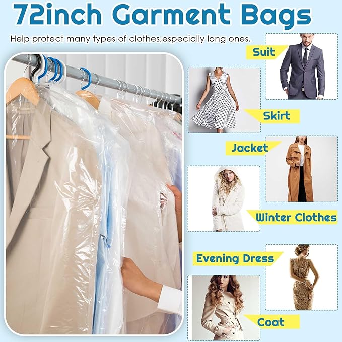 Patelai 120 Pcs 72 Inch Long Dry Cleaning Bags for Clothes Dress Clear Garment Bags for Hanging Clothes Plastic Storage Cover Transparent Dust Cover for Laundrette Suits Wedding Gowns Coats Uniforms