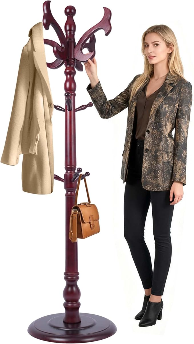 73" Wooden Coat Rack Freestanding, Coat Rack Stand With 18 Hooks And Round Solid Wood Base，Adjustable Height, Easy To Assemble For Entrance Hallway Office Living Room Bedroom (fishtail)