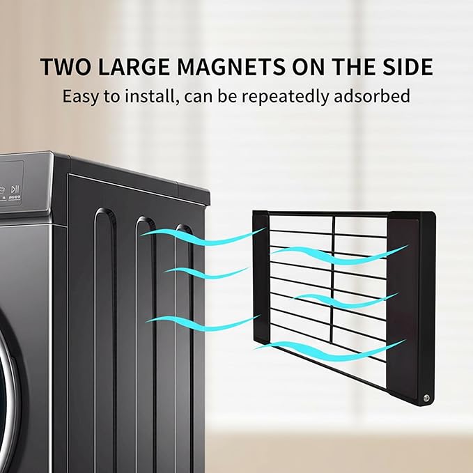 LEQ Clothes Drying Rack Magnetic Folding Shelf for Clothes and Towels, Magnet Rack Mount on Washing Machine Fridge, Durable Folding Rack for Laundry Room Bathroom Kitchen,Black