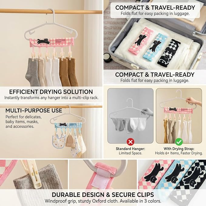 FOLAI 3-Pack Portable Fabric Products Travel Hangers Foldable Suitcase Clothespin Small Clothes pin Rack with 6 Clips（Cat-Themed）