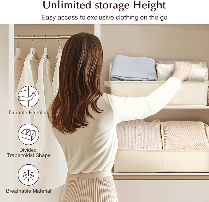 Closet Organizers and Storage Bins - 4 Pack Collapsible Divided Trapezoidal Cube Storage Bins Baskets For Organizing Clothes Blankets,Toys, Books, Towels(Beige)
