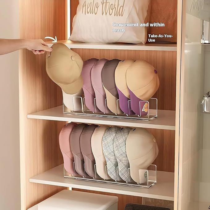 Acrylic Baseball Cap Organizer Rack 4-Pack - Holds 28 Hats, No Install Space Saving Display Stand for Closet, Bedroom, Entryway (Clear)