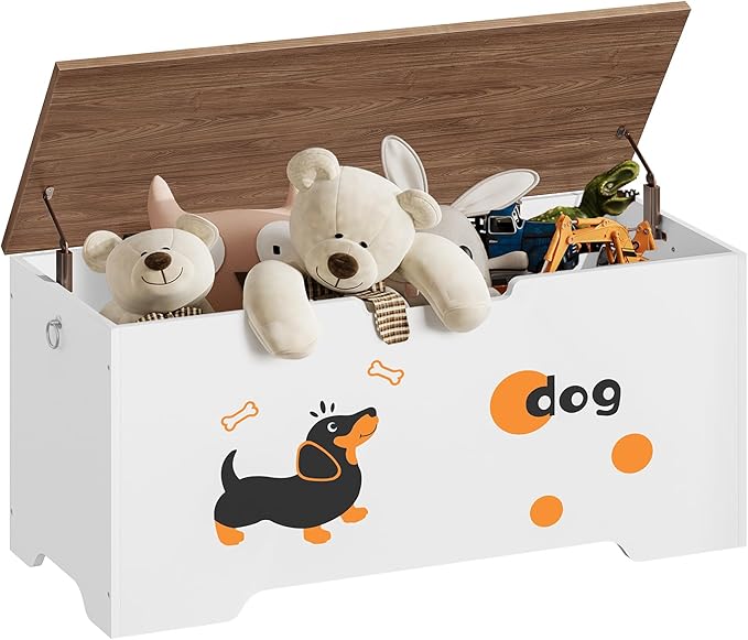 HOOBRO Toy Box, Toy Chest with 2 Safety Hinges, 39.4" Storage Bench, Wooden Storage Chest, for Entryway, Bedroom, Living Room, White and Walnut WH494CW01