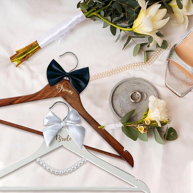 2 Pack Wedding Hangers Gifts Accessories, Groom Bride Hanger for Wedding Dress or Suit, Bridal Hanger with Bow Tie & Exquisite Wrist Flower and Pearl for Bridal Party