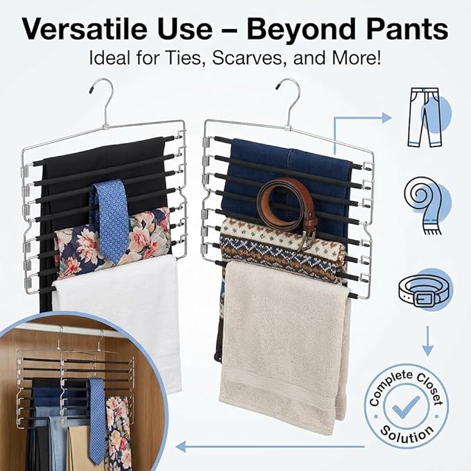 USTECH Arm Pants Hanger-8 Tier, Multi Tier Swing Hanger with Foam Padding & Removable Arm, Storage Organizer, Pack of 2, Foldable