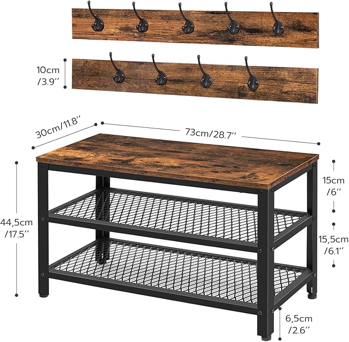 HOOBRO Hall Tree Entryway Storage Bench, Coat Rack Shoe Bench, Shoe Rack Organizer with Coat Hooks, 3-in-1 Design, Wooden Furniture with Metal Frame, Rustic Brown and Black BF17MT01