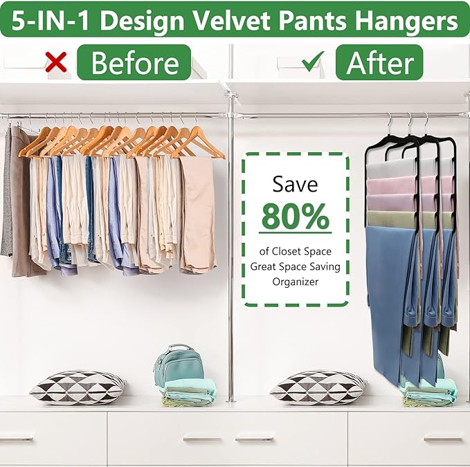 Pants Hangers Space Saving,5P Scarf Hangers for Closet Organizers and Storage,Non Slip Velvet Hanger for Closet Organizer,College Dorm Room Essentials,Heavy Duty Organization and Storage Jean Hangers
