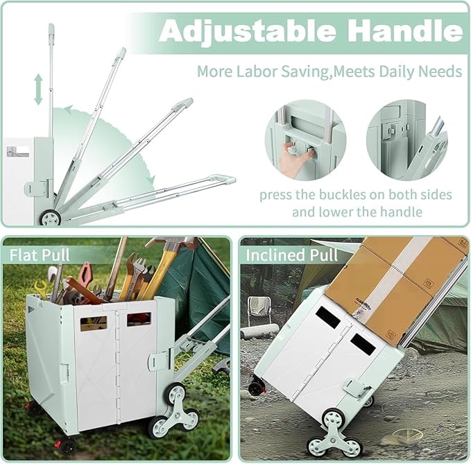 FELICON Folding Climber Utility Cart Rolling Crate Tote on Rotate Wheels with Adjustable Handle Hidden Lid Cup Holder Storage Bin for Teacher Office File Move Shop Travel Laundry Grocery(Green White)