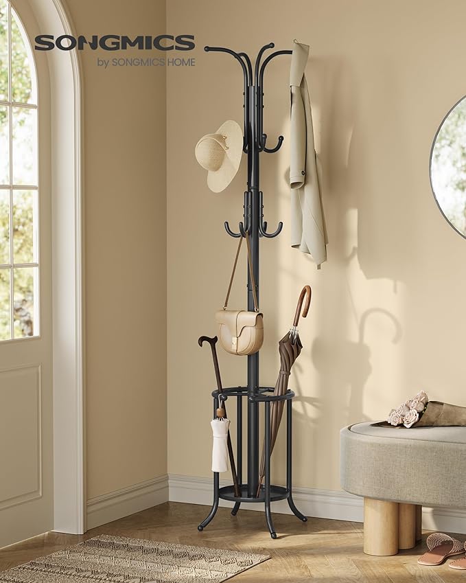 SONGMICS Coat Rack Freestanding, Coat Rack with Umbrella Holder with 12 Hooks, for Entryway, Hallway, Living Room, Bedroom, Ink Black URCR011B01