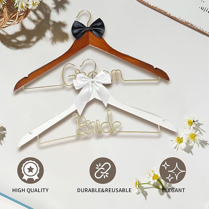 2 Pcs Bride Hanger for Wedding Dress, Bride and Groom Wooden Wedding Hangers Set, Wooden Bridal Dress Hanger with Party Shower Gift