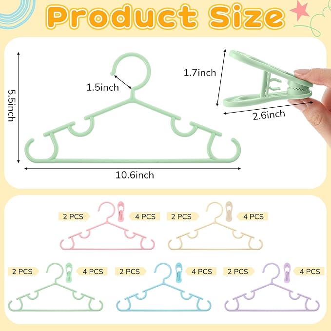 Hsei 5/10/40 Pack Baby Hangers with 10/20/80 Clips, Plastic Kids Pants Hangers for Nursery Closet Top and Bottom Clothes Hanger Set for Newborn Infant Toddler(30 Packs Total,Fresh Color,10.6 Inch)
