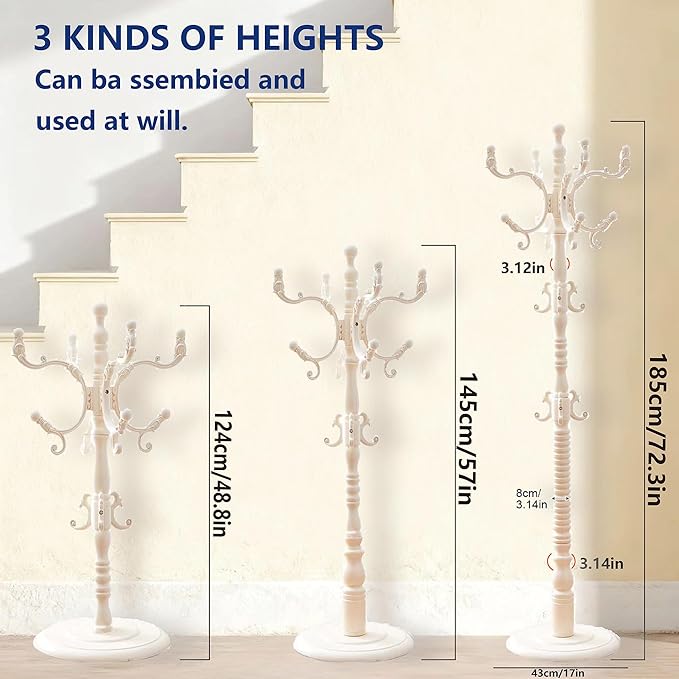 73" Wooden Freestanding Coat Rack，Easy to Adjust, Easy to Assemble for Children, Youth,Coat Rack Stand With Adults，18 Hooks and Round Solid Wood Base for Entrance Hallway Office (Retro White, 1 PCS)
