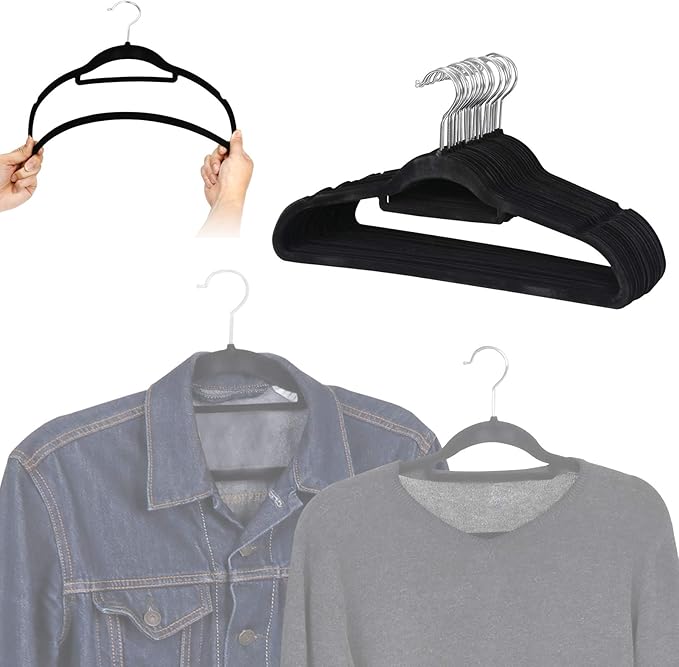 Velvet Hangers 100 Pack, Premium Non-Slip 360° Degree Rotatable Hook, Space Saving Clothes Hanger, Black