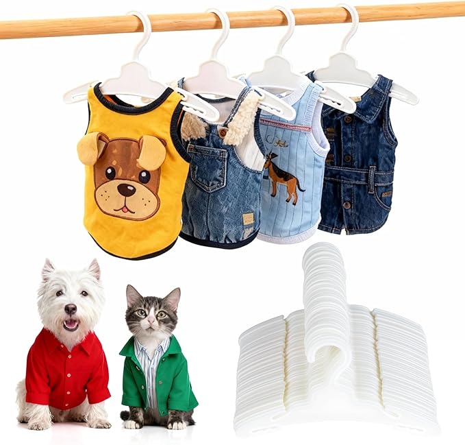54 Pcs Dog Clothes Hangers 7 Inch White Plastic Pet Clothes Hanger with Anti-Slip, Pet Clothes Hangers Suitable for Dog, Cat Clothes, Small Pet Clothes, Pet Wardrobe Organization Hangers