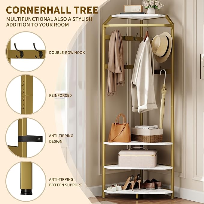 Hallway Coat Rack with 12 Double-Row Hooks and 4 Storage Shelves – Multifunctional Clothes Rack and Shoe Organizer Perfect for Entryway, Hallway and Closet, White & Gold