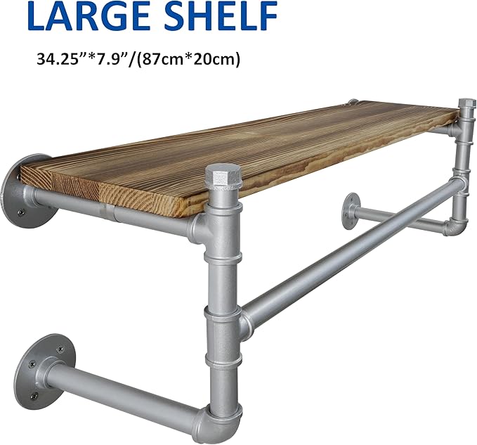 WEBI Wall Mounted Clothes Rack with Shelf,32" Industrial Pipe Clothing Rack with Shelf with Hanging Rod,Heavy Duty Iron Garment Rack Bar,Retail Display Clothes Rod for Laundry Room,Closet,Silver