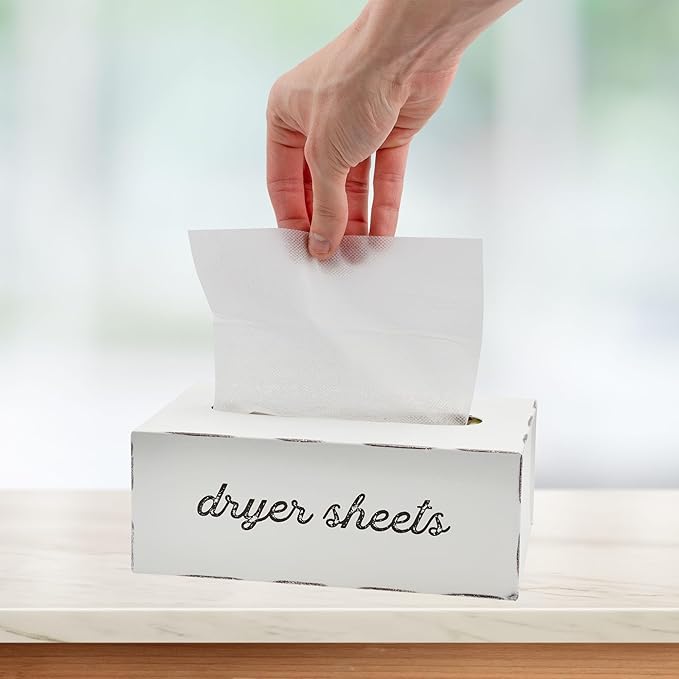 AuldHome Design Dryer Sheet Dispenser; Countertop Rustic White Fabric Softener Sheet Holder for Laundry Room
