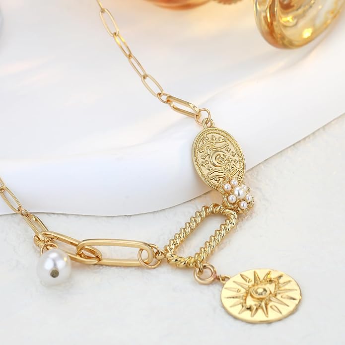 Chunky Gold Necklace for Women Gold Evil Eye Cowboy Pendant Necklace Dainty Paperclip Chain Vintage Luck Amulet Choker Necklaces Celestial Jewelry Gift