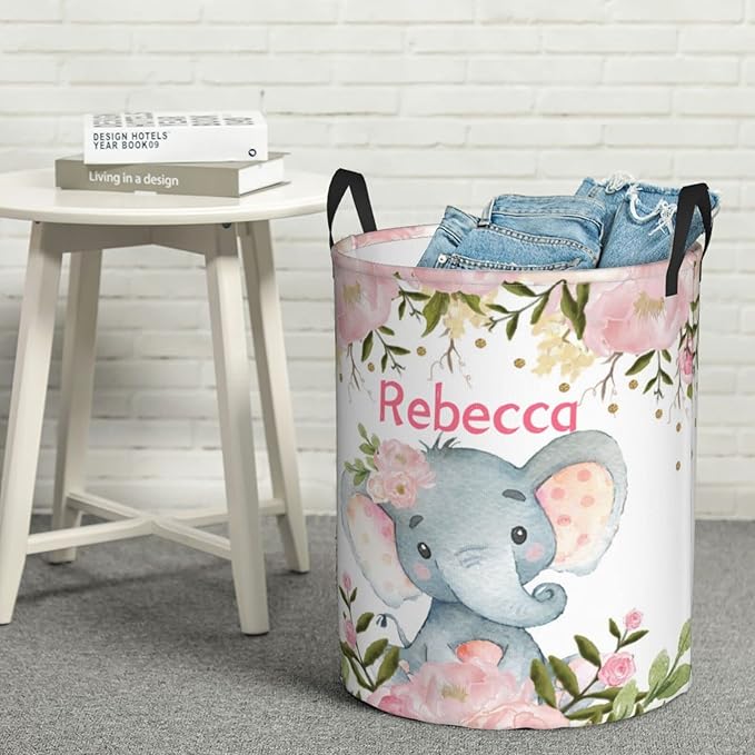 Elephant Pink Flower Customized Laundry Basket with Name Collapsible Waterproof Organizer Bin Laundry Hamper with Handle for Clothes Toys Bedroom.
