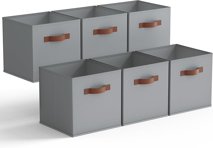 GRANNY SAYS 11 Inch Cube Storage Bins, 6 Pack Foldable Cube Storage Organizer, Fabric Storage Bins with PU Handle, Clothing Storage Baskets for Shelves, Closet, Grey, 6-Pack