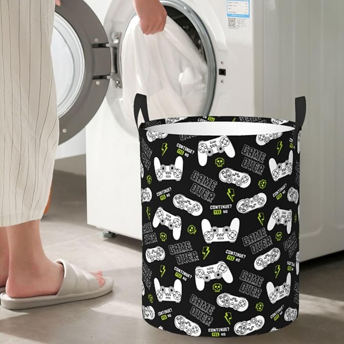 Game Controllers Pattern Round Laundry Hamper Gaming Joysticks Gamepad Storage Basket Toys Clothes Organizer Bin For Home Bathroom Bedroom Dorm Nursery, 62l