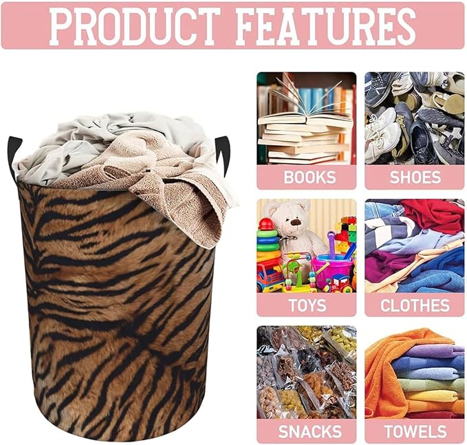 Tiger Texture Round Laundry Hamper Natural Animal Skin Print Storage Basket Toys Clothes Organizer Bin For Home Bathroom Bedroom Dorm Nursery, 38l