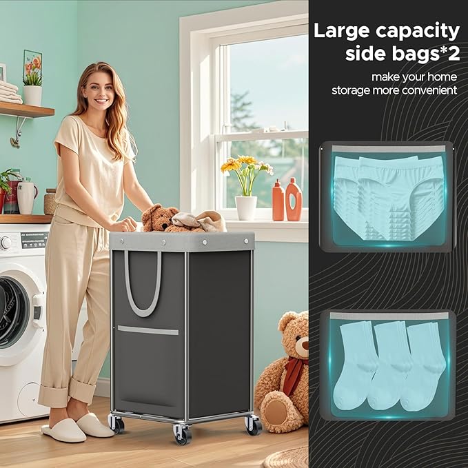 JYPS Laundry Basket With Wheels, 150L Large Rolling Hamper W/Metal Frame & Removable Bag, Waterproof Oxford Fabric, 2 Side Bags, Dirty Clothes Storage Cart For Laundry Room, Dorm, Bedroom
