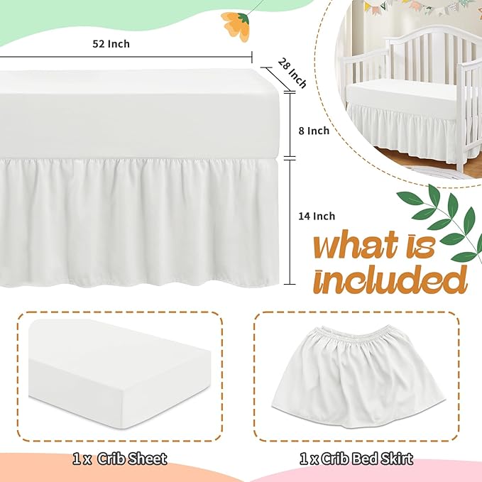 SiinvdaBZX 2-Piece Set Ruffled Crib Skirt & Microfiber Crib Sheet, Fit for Baby Standard Crib & Nursery Toddler Bedding, 52"x28" + Adjustable Elastic 14" Drop (White)